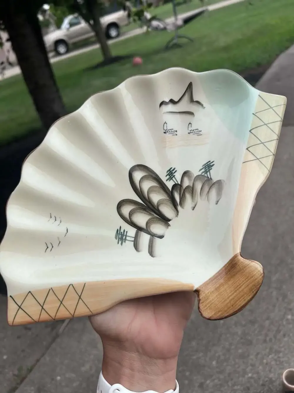 Vintage Japanese Ota-yaki Ceramic Fan-Shaped Plate with Landscape Scene